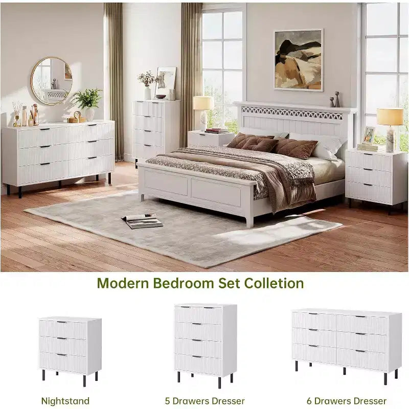 Modern Fluted 6 Drawer Dresser for Bedroom, Wide Chest of Drawers with Metal Handles Legs, Clothes Storage Cabinet Organizer for Living Room
