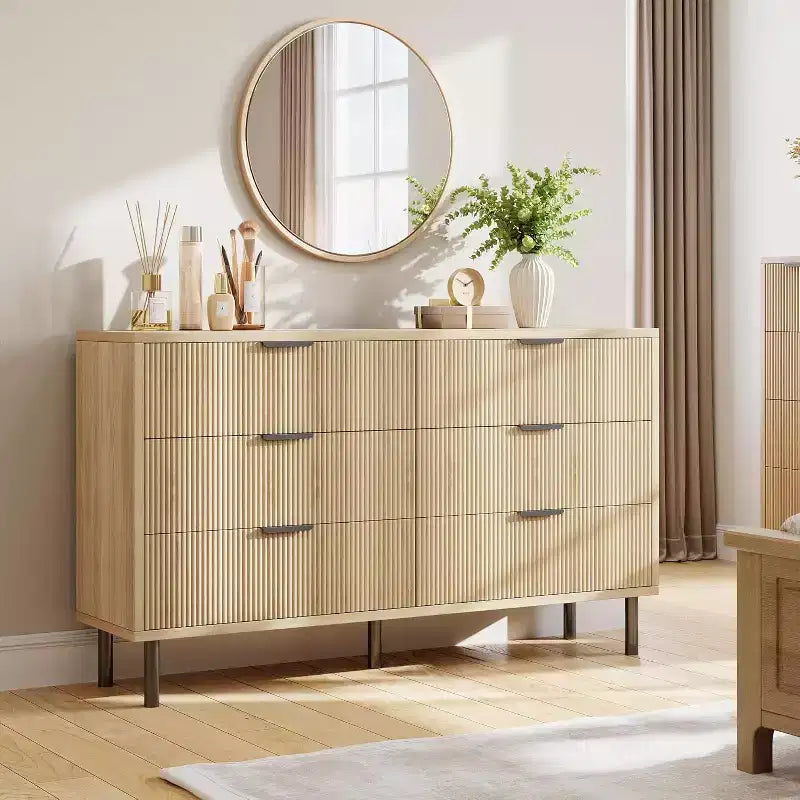 Modern Fluted 6 Drawer Dresser for Bedroom, Wide Chest of Drawers with Metal Handles Legs, Clothes Storage Cabinet Organizer for Living Room