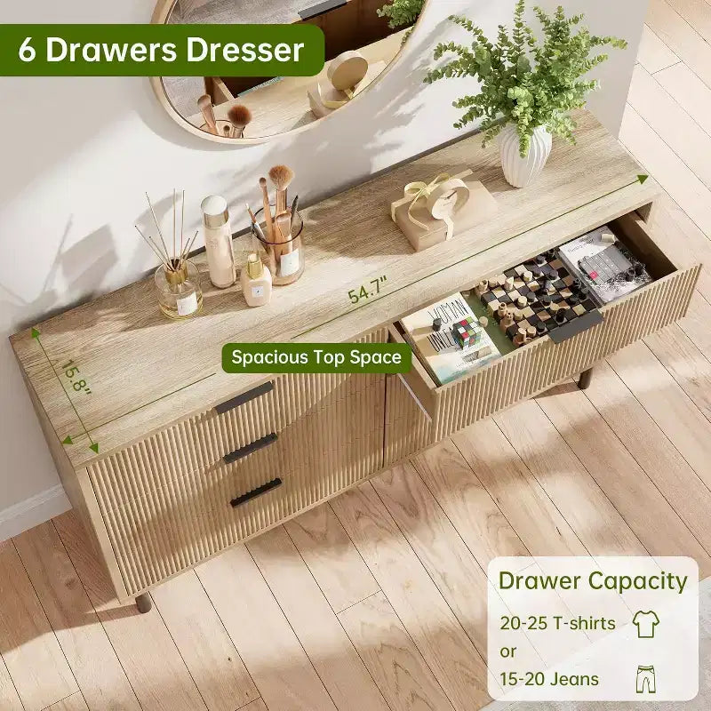 Modern Fluted 6 Drawer Dresser for Bedroom, Wide Chest of Drawers with Metal Handles Legs, Clothes Storage Cabinet Organizer for Living Room
