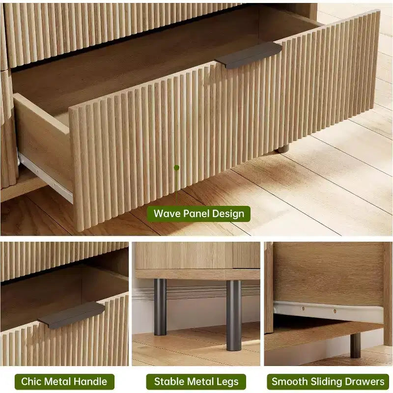 Modern Fluted 6 Drawer Dresser for Bedroom, Wide Chest of Drawers with Metal Handles Legs, Clothes Storage Cabinet Organizer for Living Room