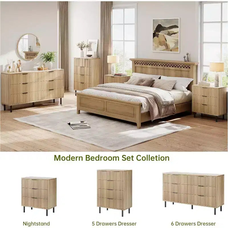 Modern Fluted 6 Drawer Dresser for Bedroom, Wide Chest of Drawers with Metal Handles Legs, Clothes Storage Cabinet Organizer for Living Room