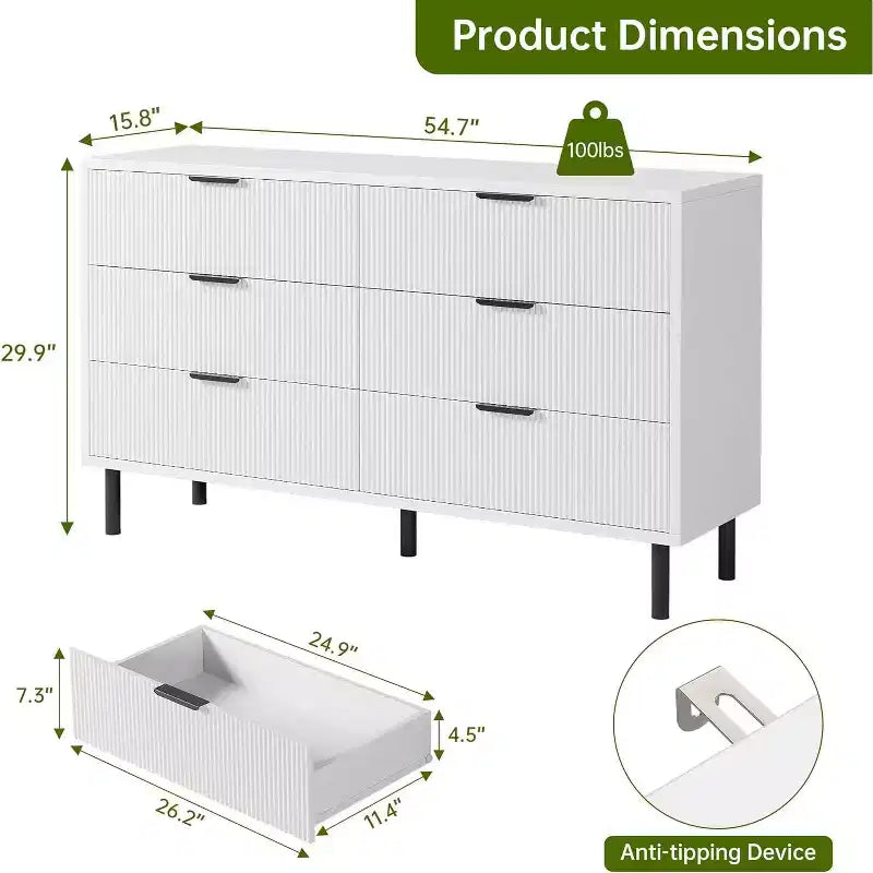 Modern Fluted 6 Drawer Dresser for Bedroom, Wide Chest of Drawers with Metal Handles Legs, Clothes Storage Cabinet Organizer for Living Room