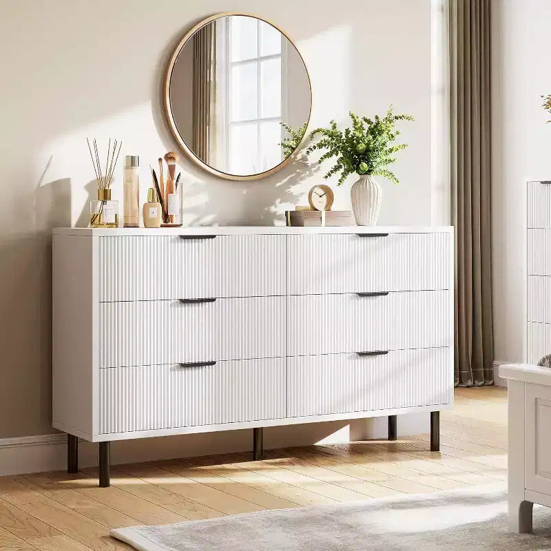 Modern Fluted 6 Drawer Dresser for Bedroom, Wide Chest of Drawers with Metal Handles Legs, Clothes Storage Cabinet Organizer for Living Room