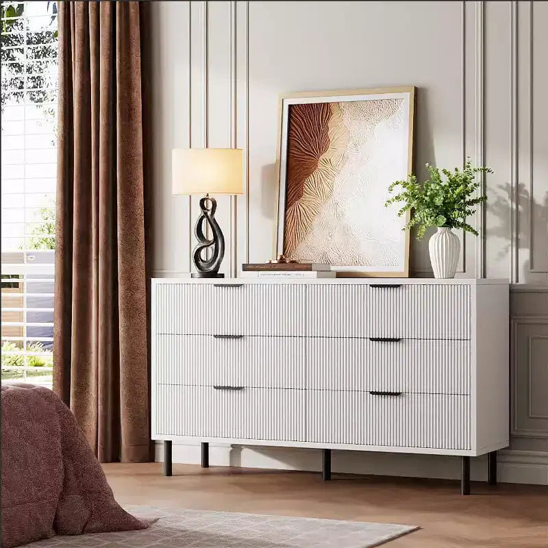 Modern Fluted 6 Drawer Dresser for Bedroom, Wide Chest of Drawers with Metal Handles Legs, Clothes Storage Cabinet Organizer for Living Room