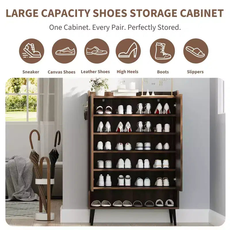 Large Shoe Cabinet with Doors6-Tier Shoe Organizer with 2 Doors & Additional Hooks for Hallway, Entryway, Living Room