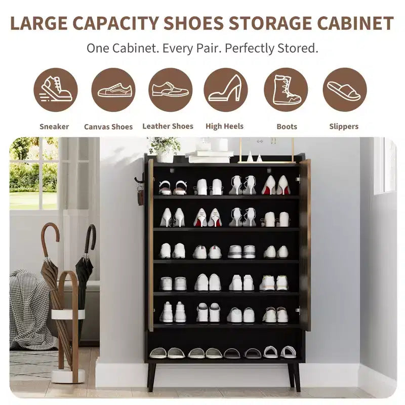Large Shoe Cabinet with Doors6-Tier Shoe Organizer with 2 Doors & Additional Hooks for Hallway, Entryway, Living Room