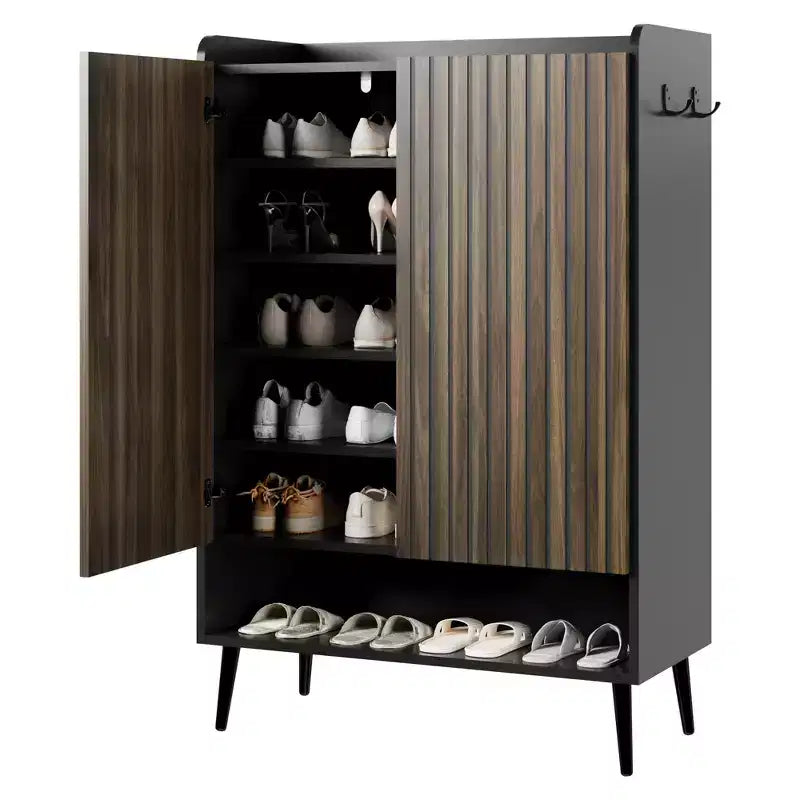 Large Shoe Cabinet with Doors6-Tier Shoe Organizer with 2 Doors & Additional Hooks for Hallway, Entryway, Living Room