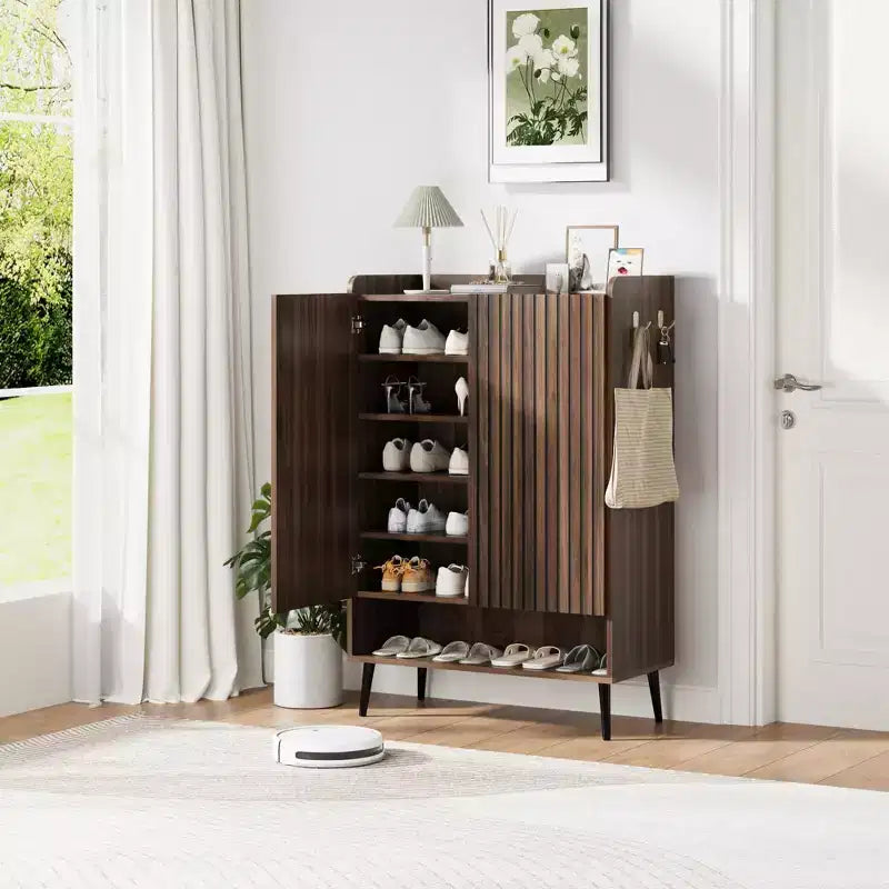 Large Shoe Cabinet with Doors6-Tier Shoe Organizer with 2 Doors & Additional Hooks for Hallway, Entryway, Living Room