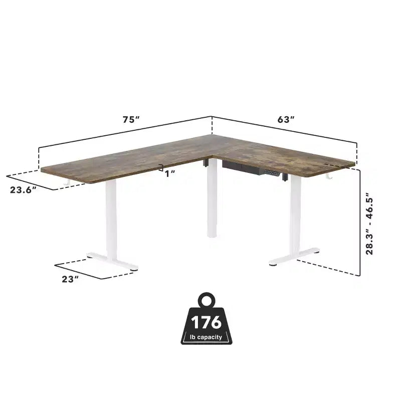 XL Electric Height Adjustable Corner Standing Desk, White Frame and Brown Tabletop