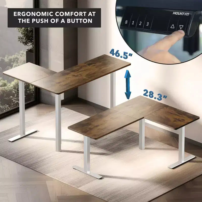 XL Electric Height Adjustable Corner Standing Desk, White Frame and Brown Tabletop