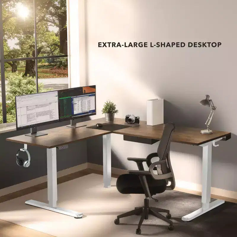 XL Electric Height Adjustable Corner Standing Desk, White Frame and Brown Tabletop