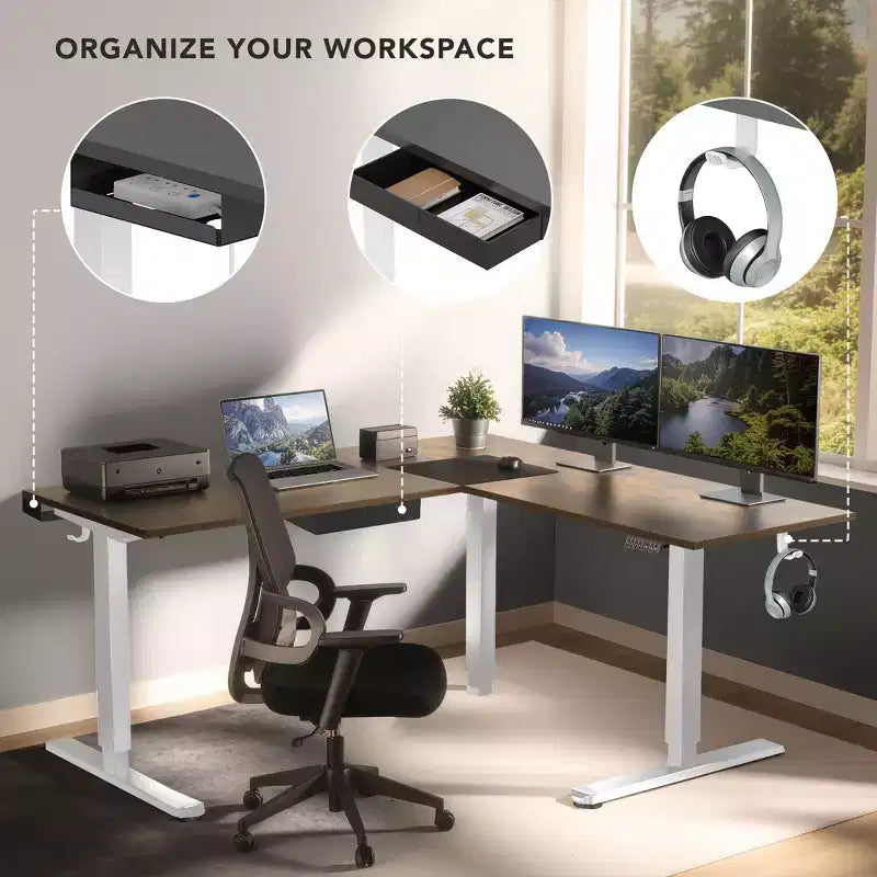 XL Electric Height Adjustable Corner Standing Desk, White Frame and Brown Tabletop