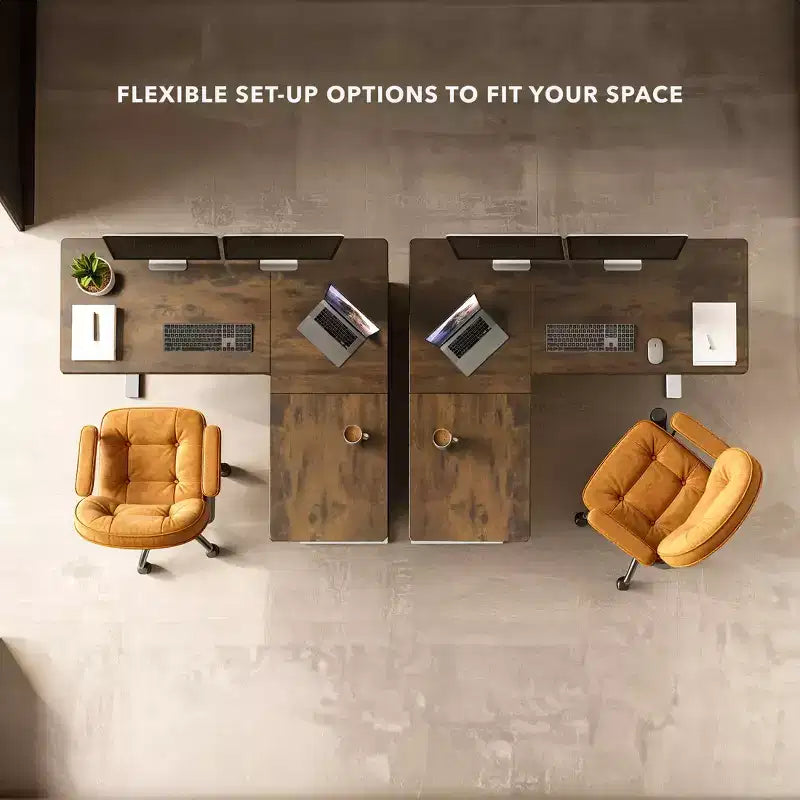 XL Electric Height Adjustable Corner Standing Desk, White Frame and Brown Tabletop