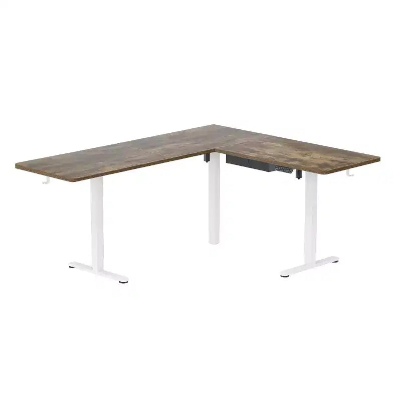 XL Electric Height Adjustable Corner Standing Desk, White Frame and Brown Tabletop