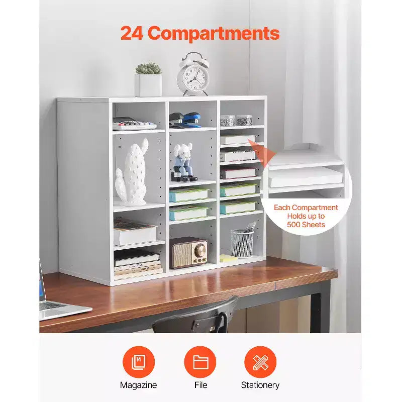 24-Compartment Literature Organizer, Office Mailbox with Adjustable Shelves, MDF, White