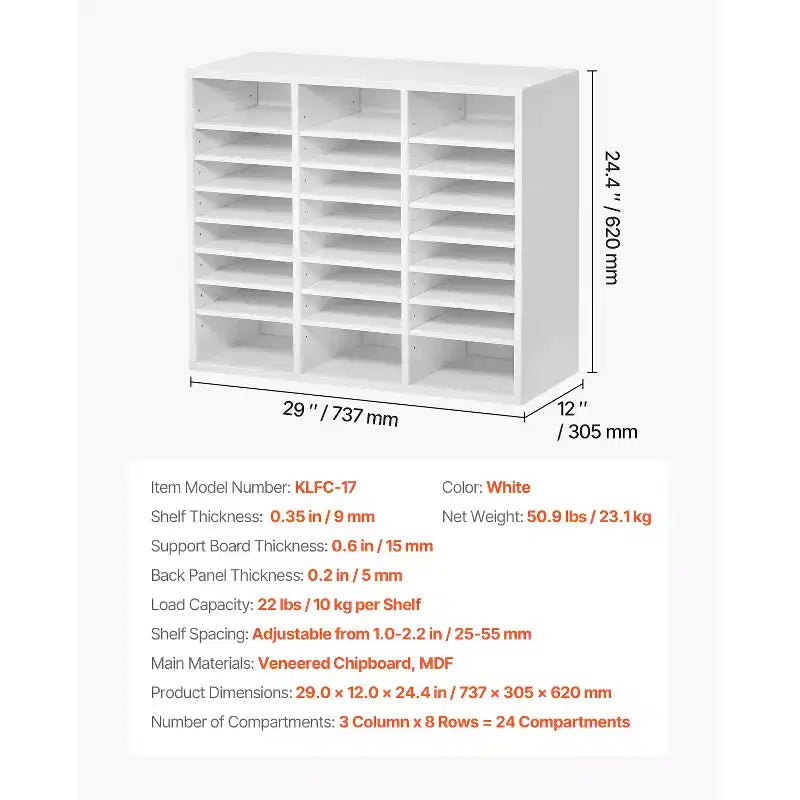 24-Compartment Literature Organizer, Office Mailbox with Adjustable Shelves, MDF, White