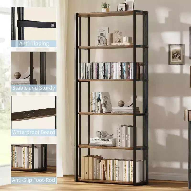 71 Inches Tall Bookshelf, Industrial Book Shelf, Freestanding Bookcase, Large Book Shelves for Living Room, Bookcase Storage Rack for Home Office