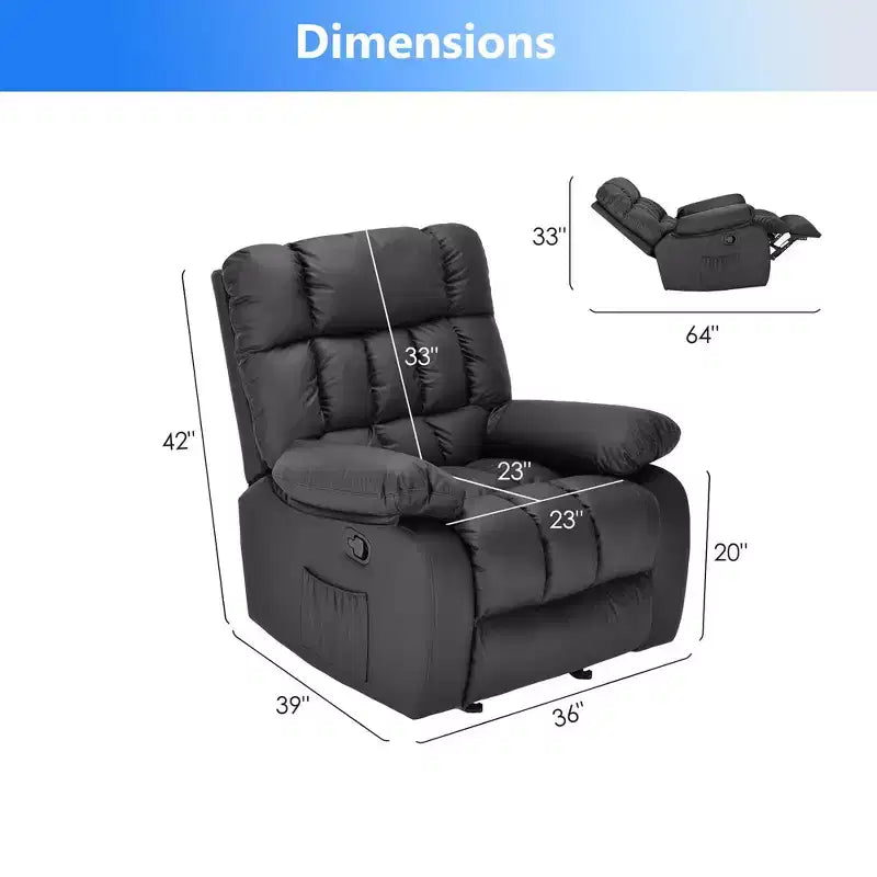 Ergonomic Recliner Chair, 110–160° Adjustable Recline, Footrest and Side Pocket for Living Room, Black