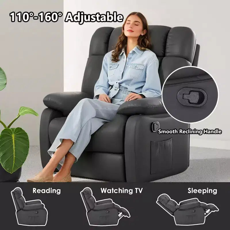 Ergonomic Recliner Chair, 110–160° Adjustable Recline, Footrest and Side Pocket for Living Room, Black