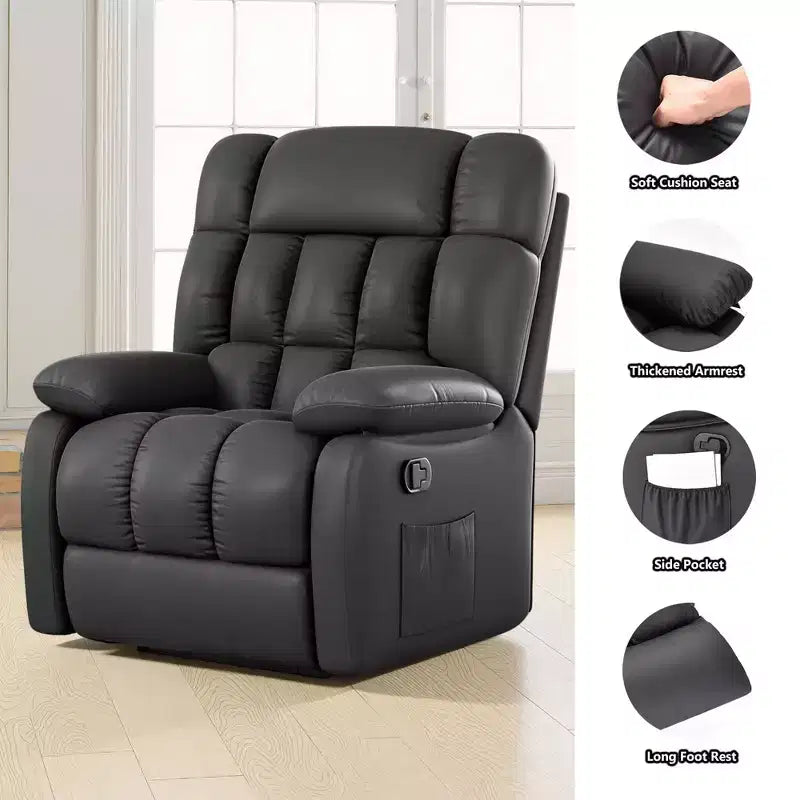 Ergonomic Recliner Chair, 110–160° Adjustable Recline, Footrest and Side Pocket for Living Room, Black