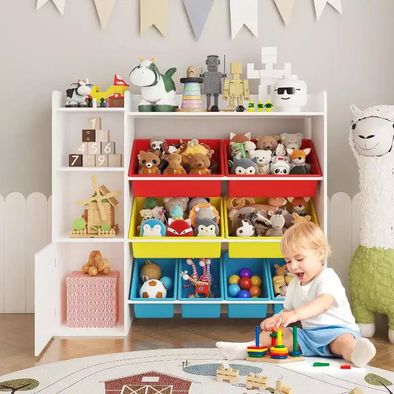 Kids Toy Storage Organizer with 8 Multi-Color Plastic Bins Perfect Toy Storage Solution Kid Bookshelf and Toy Storage for Study Room, Kids Room