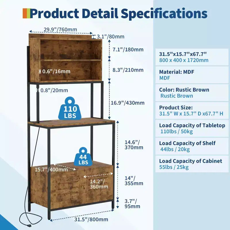 67.7 Industrial 6-Tier Kitchen Bakers Rack with Power Outlet - Microwave Stand with Shelves & Cabinet - Freestanding Storage Organizer