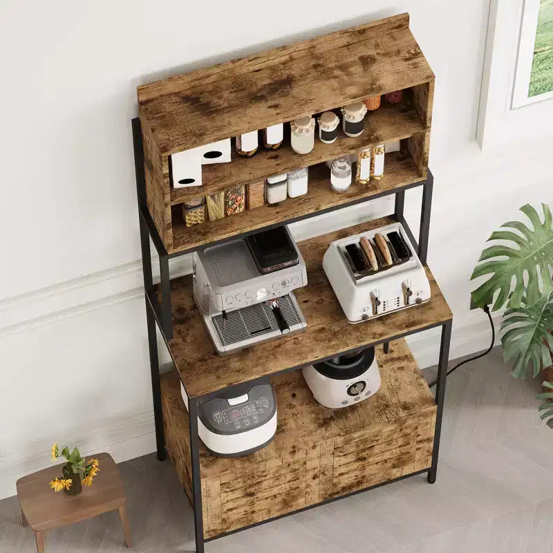 67.7 Industrial 6-Tier Kitchen Bakers Rack with Power Outlet - Microwave Stand with Shelves & Cabinet - Freestanding Storage Organizer
