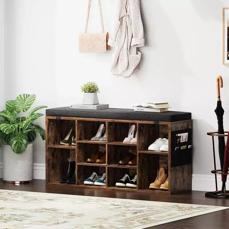 41 Shoe Bench with Padded Seat, Adjustable Shelves and Side Pockets, 10-Cube Storage Organizer for Entryway