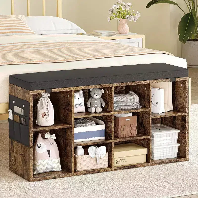41 Shoe Bench with Padded Seat, Adjustable Shelves and Side Pockets, 10-Cube Storage Organizer for Entryway