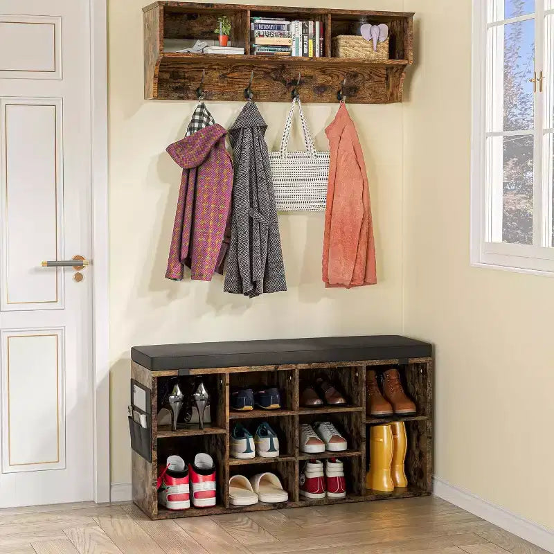 41 Shoe Bench with Padded Seat, Adjustable Shelves and Side Pockets, 10-Cube Storage Organizer for Entryway