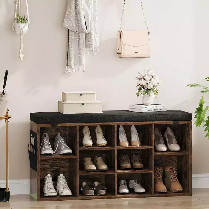 41 Shoe Bench with Padded Seat, Adjustable Shelves and Side Pockets, 10-Cube Storage Organizer for Entryway