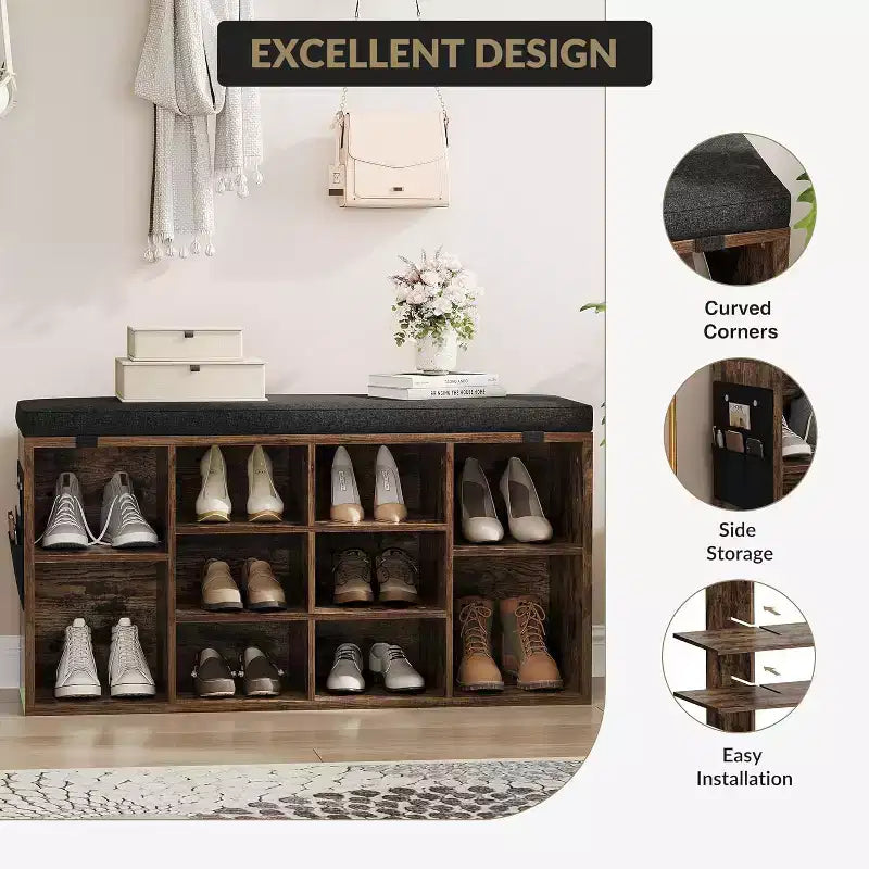 41 Shoe Bench with Padded Seat, Adjustable Shelves and Side Pockets, 10-Cube Storage Organizer for Entryway