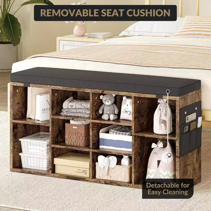 41 Shoe Bench with Padded Seat, Adjustable Shelves and Side Pockets, 10-Cube Storage Organizer for Entryway