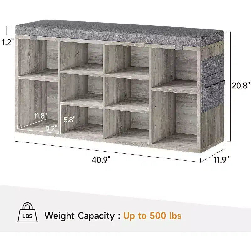 41 Shoe Bench with Padded Seat, Adjustable Shelves and Side Pockets, 10-Cube Storage Organizer for Entryway