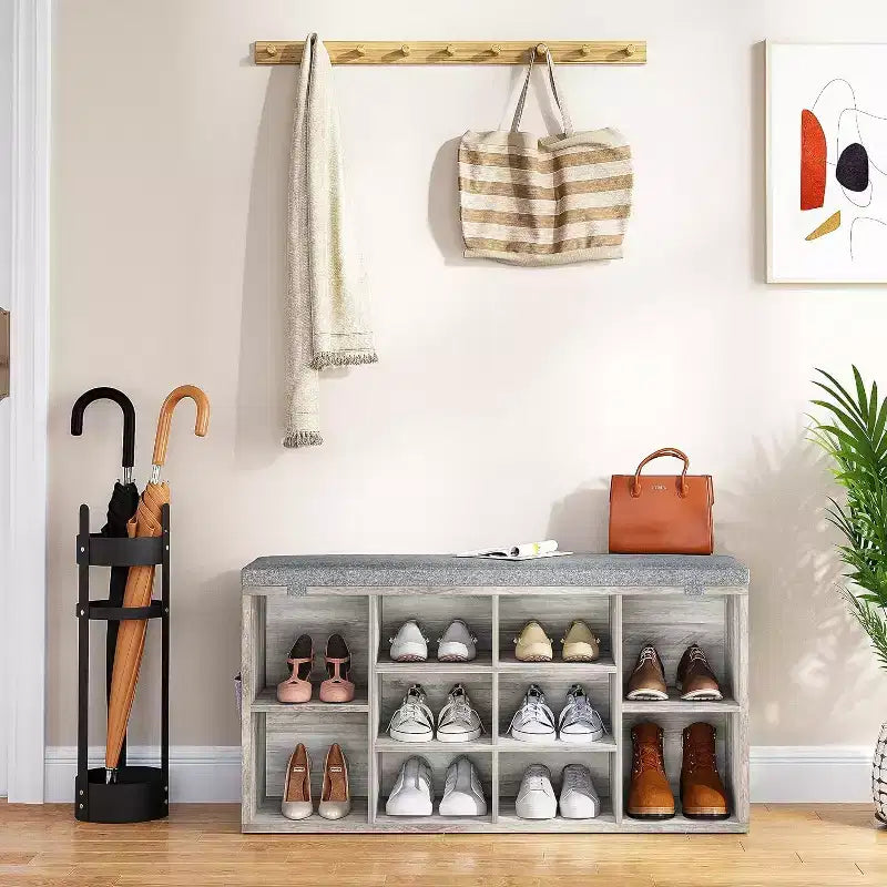 41 Shoe Bench with Padded Seat, Adjustable Shelves and Side Pockets, 10-Cube Storage Organizer for Entryway