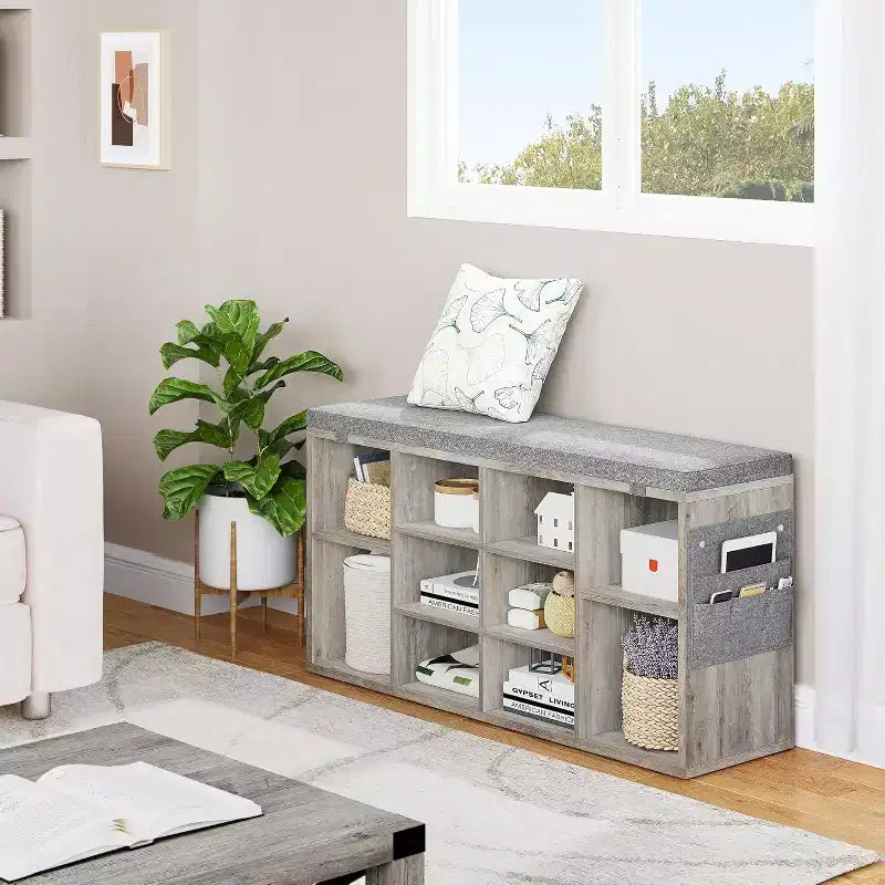 41 Shoe Bench with Padded Seat, Adjustable Shelves and Side Pockets, 10-Cube Storage Organizer for Entryway