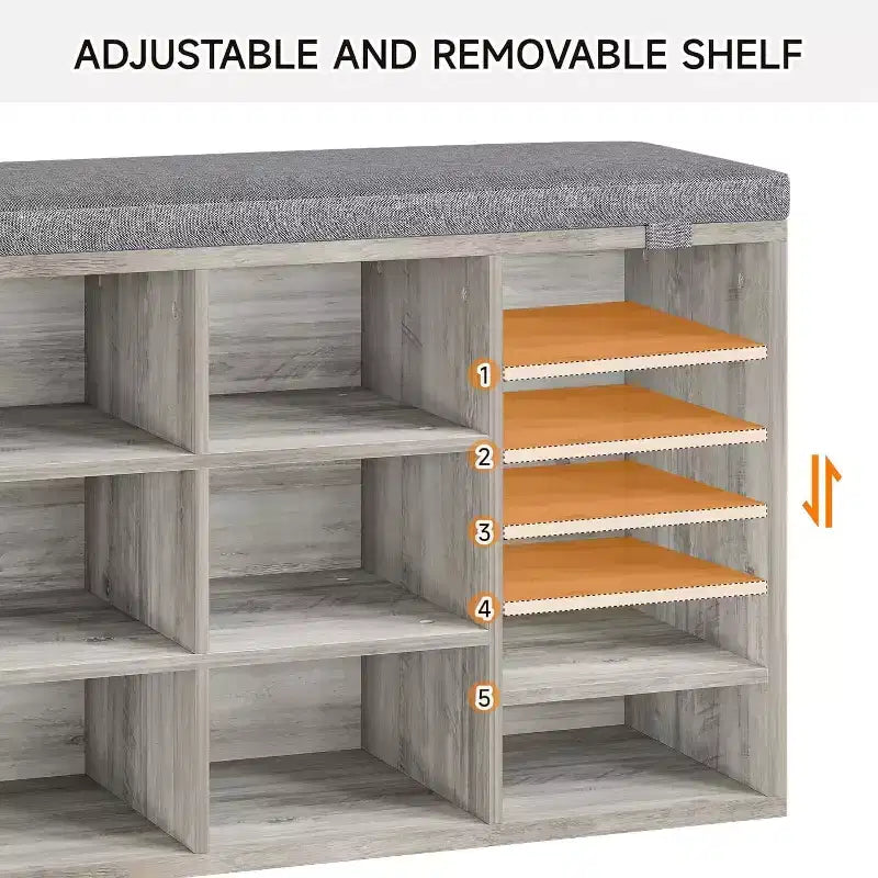 41 Shoe Bench with Padded Seat, Adjustable Shelves and Side Pockets, 10-Cube Storage Organizer for Entryway