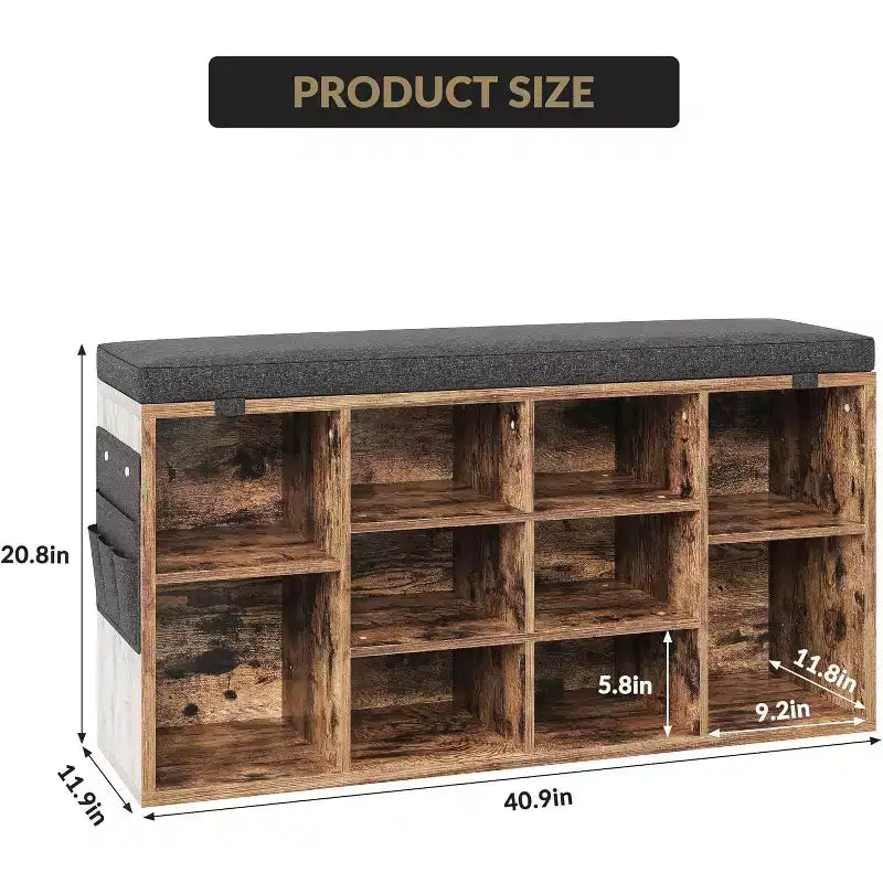 41 Shoe Bench with Padded Seat, Adjustable Shelves and Side Pockets, 10-Cube Storage Organizer for Entryway