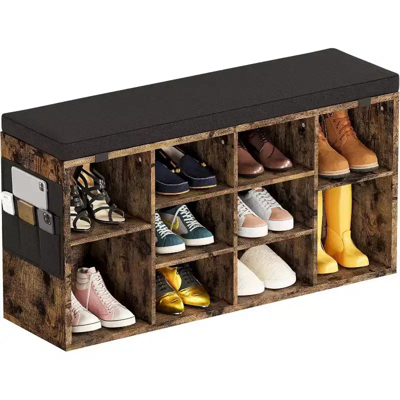 41 Shoe Bench with Padded Seat, Adjustable Shelves and Side Pockets, 10-Cube Storage Organizer for Entryway