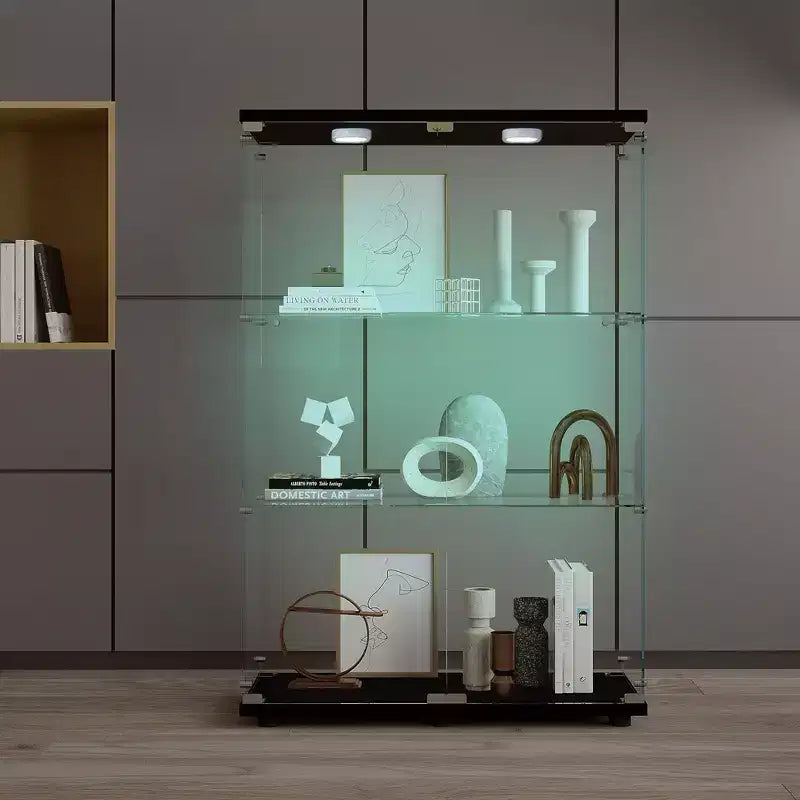 Vitrine en verre trempé avec éclairage LED couleur changeante et roulettes verrouillables, noire