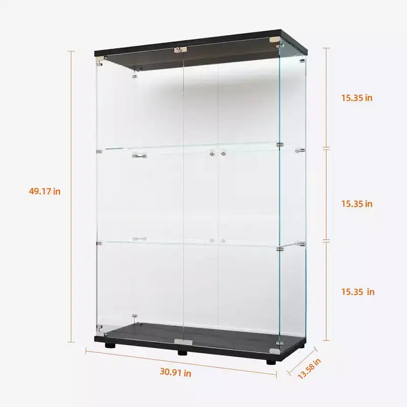 Vitrine en verre trempé avec éclairage LED couleur changeante et roulettes verrouillables, noire