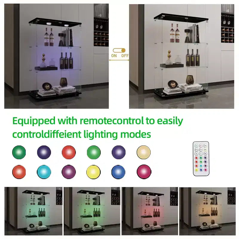 Vitrine en verre trempé avec éclairage LED couleur changeante et roulettes verrouillables, noire