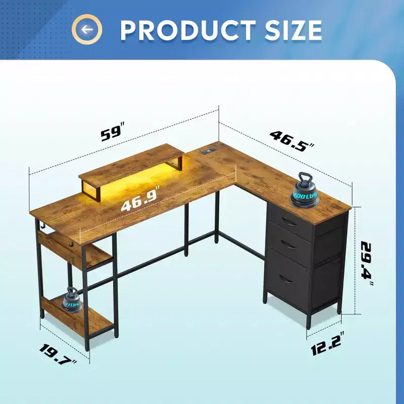 60-Inch L-Shaped Gaming Desk, Corner Computer Desk with Storage, Power Outlets & LED Lights