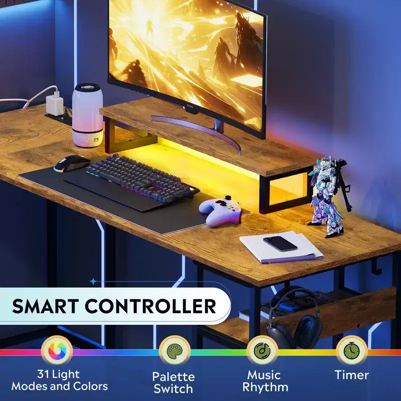 60-Inch L-Shaped Gaming Desk, Corner Computer Desk with Storage, Power Outlets & LED Lights