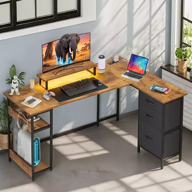 60-Inch L-Shaped Gaming Desk, Corner Computer Desk with Storage, Power Outlets & LED Lights