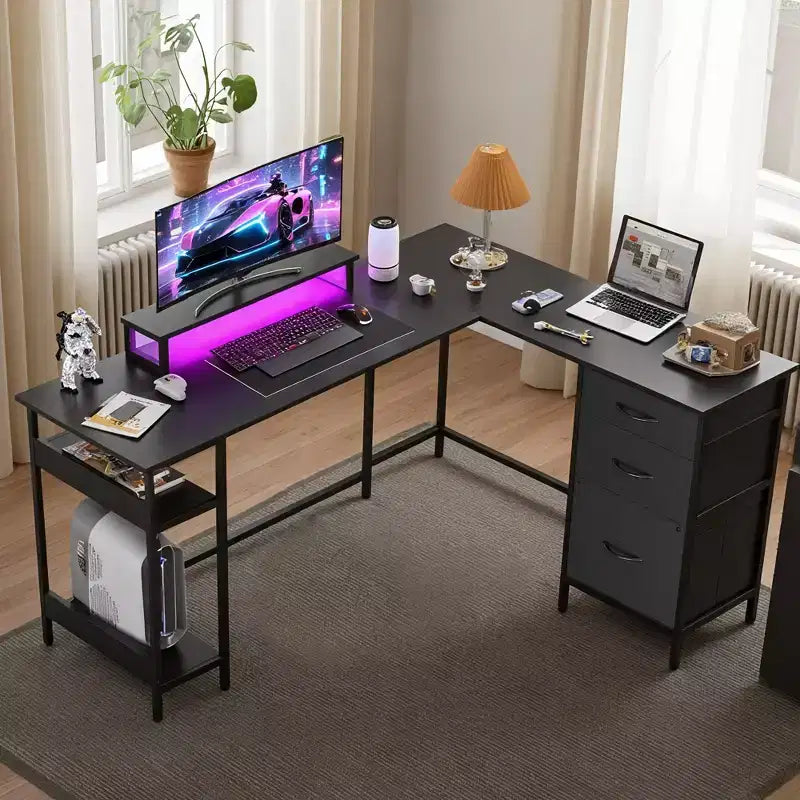 60-Inch L-Shaped Gaming Desk, Corner Computer Desk with Storage, Power Outlets & LED Lights