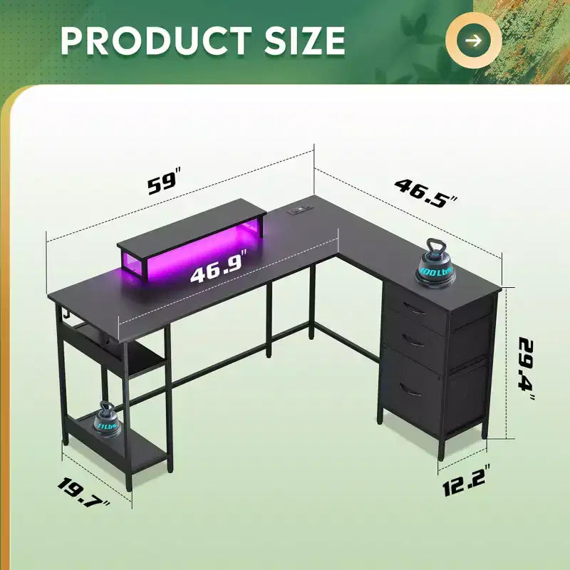 60-Inch L-Shaped Gaming Desk, Corner Computer Desk with Storage, Power Outlets & LED Lights