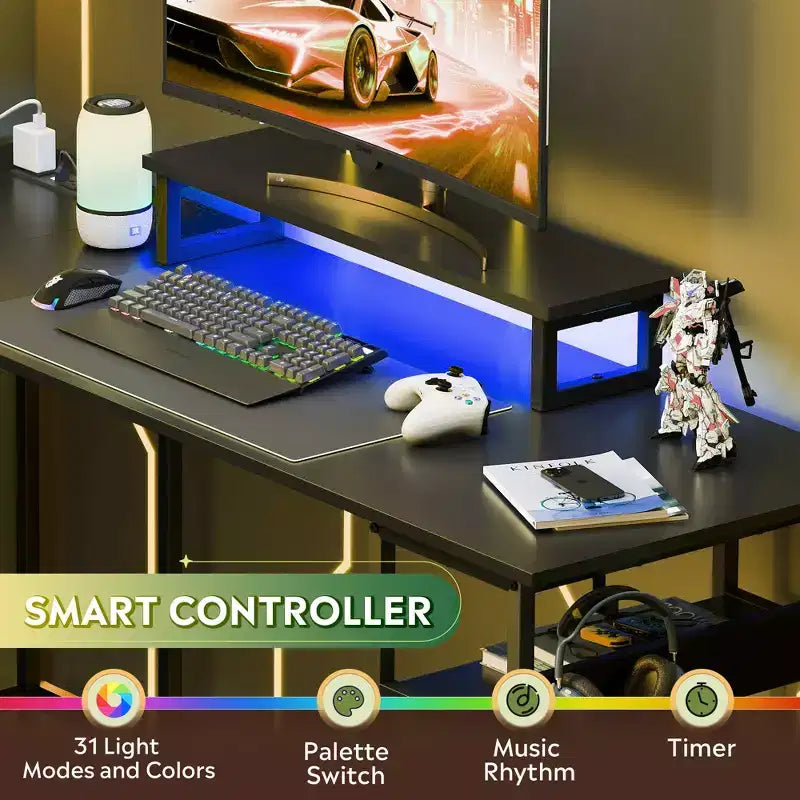 60-Inch L-Shaped Gaming Desk, Corner Computer Desk with Storage, Power Outlets & LED Lights