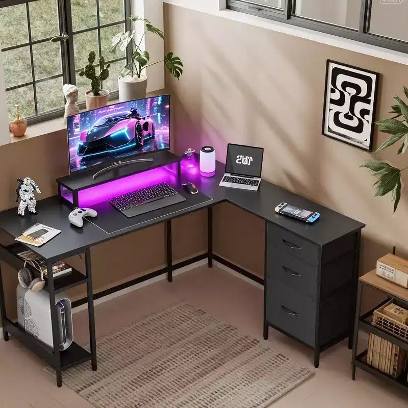 60-Inch L-Shaped Gaming Desk, Corner Computer Desk with Storage, Power Outlets & LED Lights