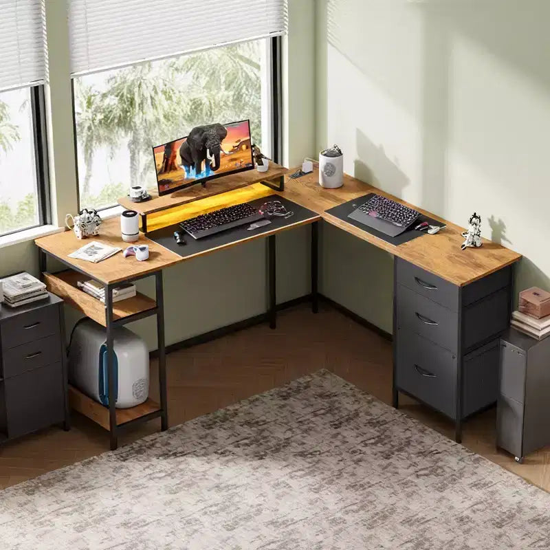 60-Inch L-Shaped Gaming Desk, Corner Computer Desk with Storage, Power Outlets & LED Lights